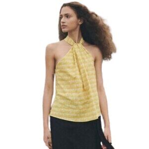 NWOT ZARA Beige yellow cotton linen blend high mock neck flowy top